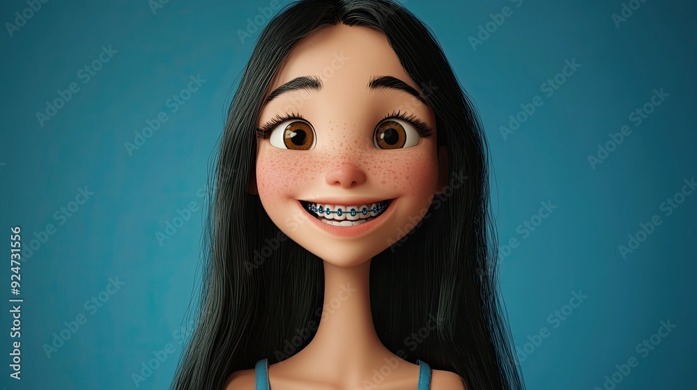 Wall mural 3d cartoon of a smiling teenage girl with braces and long black hair