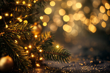 Golden Glow of Christmas Eve: A close-up of a Christmas tree adorned with twinkling lights, emanating warmth and festive cheer against a blurred, magical background. 