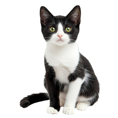 Cute young black and white cat, sitting up. Looking straight to camera with green eyes isolated on transparent or white background 