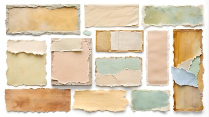 Fototapeta premium A distressed torn paper elements collection featuring ripped edges, peeling stickers, worn textures, and faded backgrounds in warm pastel hues.