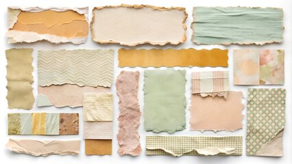 Fototapeta premium A distressed torn paper elements collection featuring ripped edges, peeling stickers, worn textures, and faded backgrounds in warm pastel hues.