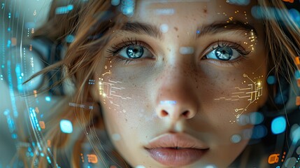 Portrait of young girl in front of a computer screen with binary code on it, digital code overlay, ai learning, data and technology future, digital tech education, cybersecurity and digital marketing