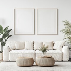 Fototapeta premium Cozy Living Room Interior with Comfortable Sofa and Poster Frame Model, an Inviting Space for Relaxation and Style