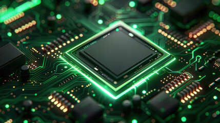 Obraz premium Circuit board microchips with green backlight. Nanotechnology sustainable background.