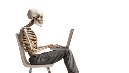 Skeleton on laptop working over all day non stop, concept, hard work, ekzauste