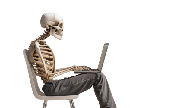 Skeleton on laptop working over all day non stop, concept, hard work, ekzauste
