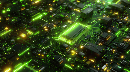 Circuit board microchips with green backlight. Nanotechnology sustainable background.