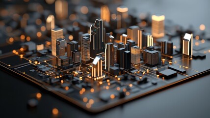 Virtual cityscape with AI-controlled systems, computing simulation environment, 3D illustration