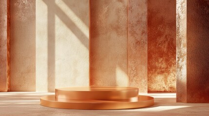 Copper Elegance, a striking 3D scene showcasing a cosmetic product on a textured metal and stone podium, featuring warm geometrics with bright copper accents and sharp angles.