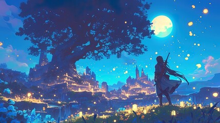Naklejka premium A lone figure stands in a field of lights, gazing at a moonlit castle.
