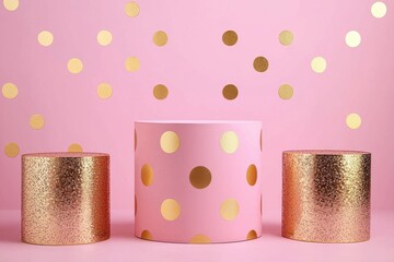 Glamorous Pink and Gold Polka Dot Display Table, Soft pink surface adorned with shiny gold dots, perfect for showcasing products with a touch of feminine elegance and sparkle.