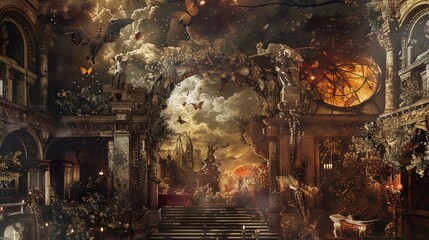 Obraz premium A Surreal Gateway to a Forgotten City, Embellished with Butterflies and Candlelight