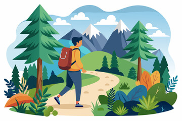 A hiker with a backpack walks along a winding path through a mountain forest.