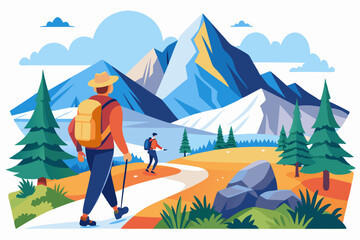 Fototapeta premium Two Hikers Walking on a Path Towards a Mountain Range
