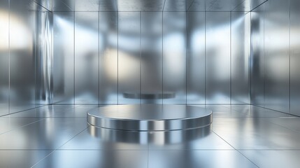 Obraz premium Polished Chrome Display, Sleek reflection on a corner podium showcasing a cosmetic product, featuring shiny silver and glass surfaces illuminated by soft light flares