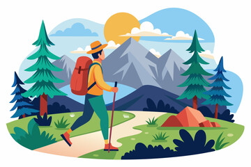 A Hiker Walks Along a Path Through a Mountain Landscape