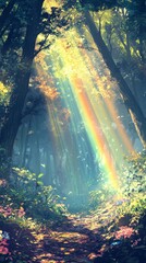 Obraz premium Magical Forest Under a Rainbow: Sunlight Creates a Spectacular Prism Through the Canopy, Anime-Style Fantasy, storybook illustrations, comic strips, book illustrations and picture books,Abstract conce