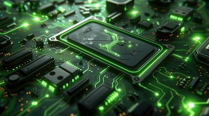 Obraz premium Circuit board microchips with green backlight. Nanotechnology sustainable background.