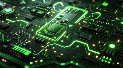 Obraz premium Circuit board microchips with green backlight. Nanotechnology sustainable background.