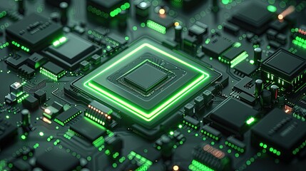 Obraz premium Circuit board microchips with green backlight. Nanotechnology sustainable background.