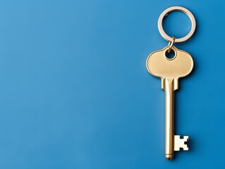 A close-up of a shiny gold key on a blue background, symbolizing security and access, ideal for real estate or personal safety.