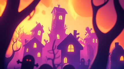 A whimsical, spooky scene featuring crooked houses and ghostly figures, set against a vibrant, eerie sunset.