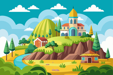 Picturesque Village Nestled on a Hillside with a Stream and Lush Greenery