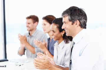 Employees, people and excited in office with applause for successful presentation on business development. Corporate, clapping hands and happy with congratulation, target and well done on pitch