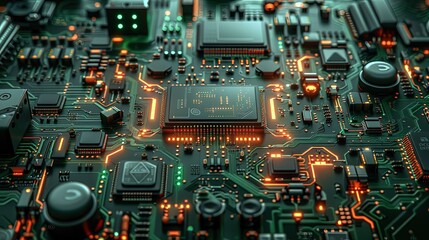 Fototapeta premium Circuit board microchips with green backlight. Nanotechnology sustainable background.