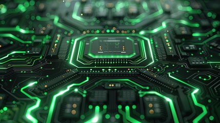 Fototapeta premium Circuit board microchips with green backlight. Nanotechnology sustainable background.