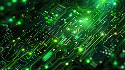 Circuit board microchips with green backlight. Nanotechnology sustainable background.