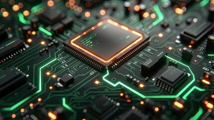 Fototapeta premium Circuit board microchips with green backlight. Nanotechnology sustainable background.