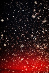 Dreamy Winter Wonderland Snow Falling Against a Festive Red and Black Background with Bokeh