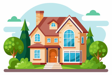 Fototapeta premium Two-Story Brick House with a Brown Door and Surrounding Greenery