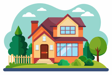 Two-story suburban house with a front yard, trees, and a fence