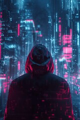 Obraz premium A hooded figure hacker standing against a backdrop of a dark, digital cityscape with neon lights. 