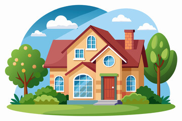 Cartoon Illustration of a Two-Story House with a Red Roof and Green Trees
