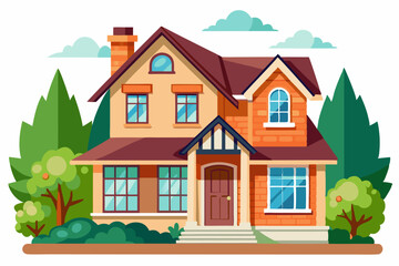 Two-Story Brick House with Green Trees and a Brown Door