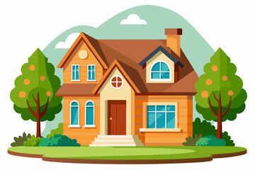 Naklejka premium Two-Story Brick House with Green Trees and Lawn