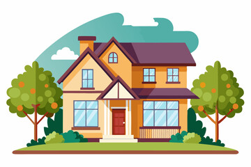 Fototapeta premium Two-Story House with a Red Door and Green Trees