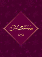 Festive design for greeting card or poster for Halloween. Golden text Happy Halloween on purple background with golden frame and seamless pattern with spiders and spiderweb under clipping mask.