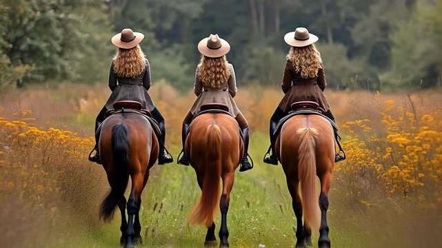 At the equestrian centre, horsewomen enjoy riding stunning horses side by side along the trail.