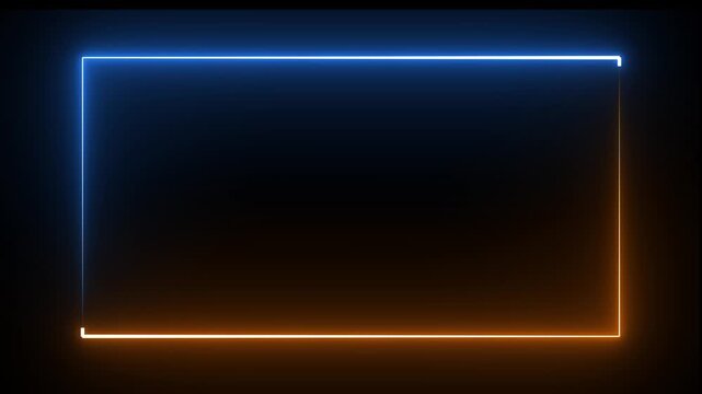 Neon glowing frame background. Lasers are blue and orange. repetitive motion animation, with neon lights shrinking and expanding. isolated on black. 4K graphic animation video