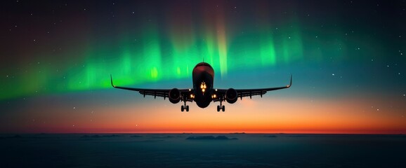 Naklejka premium Northern Lights Or Aurora Borealis With A Commercial Passenger Airplane Silhouetted Against The Green And Purple Sky