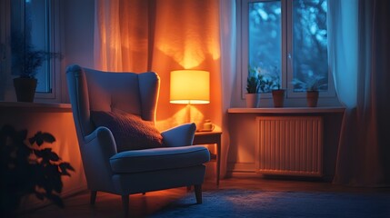 cozy armchair by the window in a warmly lit room