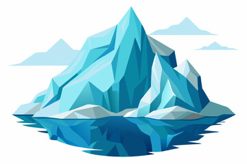 A large iceberg with a pointy peak, partially submerged in the water with its reflection showing