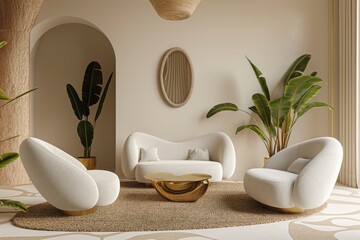 Interior of modern living room with white sofa, round mirror and plant. 