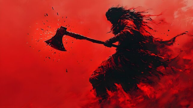 Berserker Warrior Wielding Axe with Explosive Energy in Bold Red Pop Art