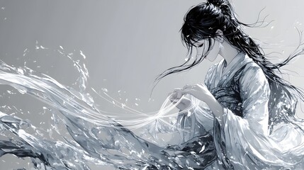 Fototapeta premium Ethereal Goddess Weaving the Threads of Fate in Monochrome Anime Art