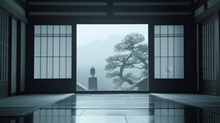 Fototapeta premium A serene view through a traditional Japanese doorway, showcasing a misty landscape with a tree and lantern.